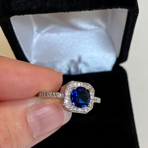 925 Sterling Silver Blue CZ Diamond Halo Ring - Picture 6 of 14